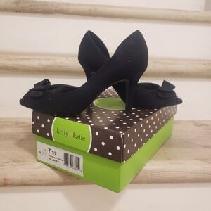 KELLY & KATIE Janet Black Glitter  Bow Detail Peep Toe Heels—SZ. 7.5